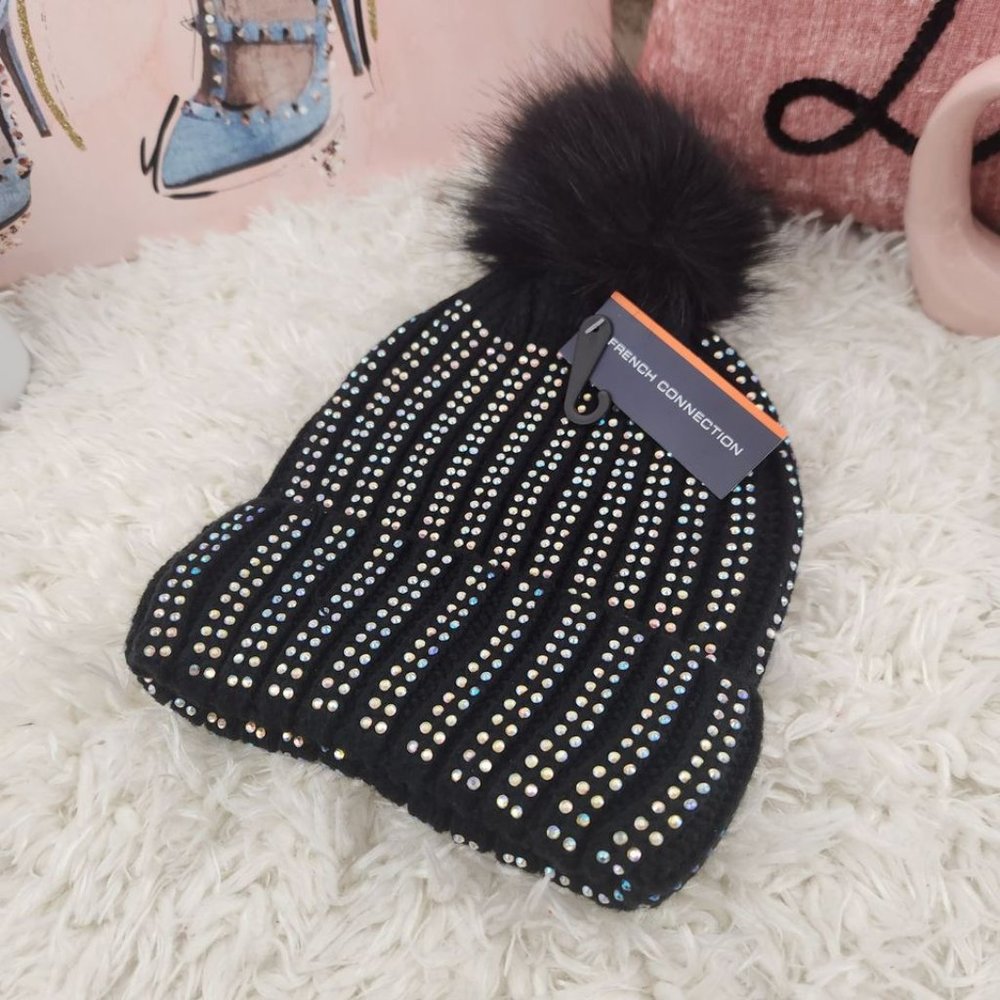 French connection Rhinestone pom hat OS and TU Women NWT